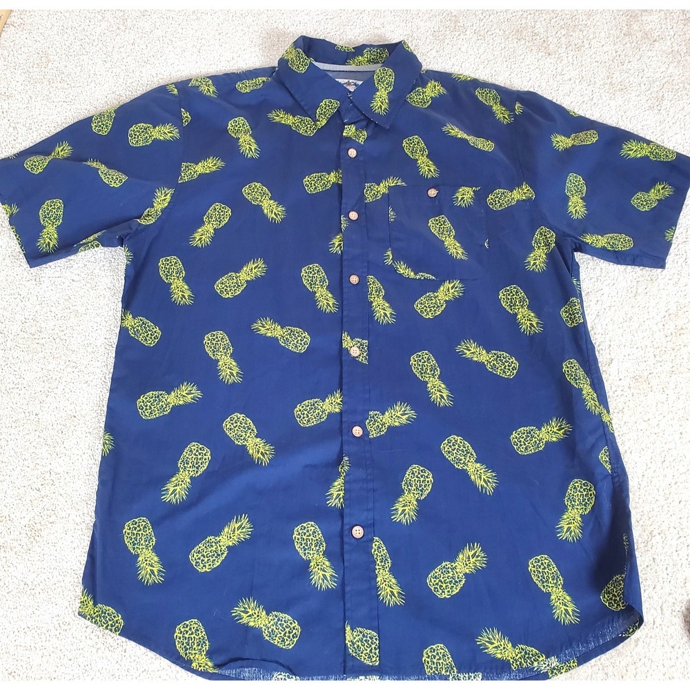 Maui Clothing Men's Button Up Shirt Size Large Pineapple Print Casual Navy BlueA